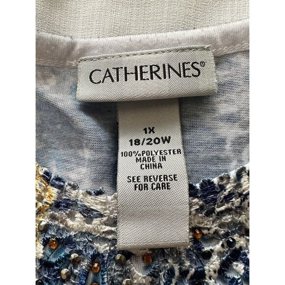 Catherine’s Bejeweled Tunic Top 3/4 Sleeve Blue Gold Grey SZ 1X Plus - Picture 6 of 7